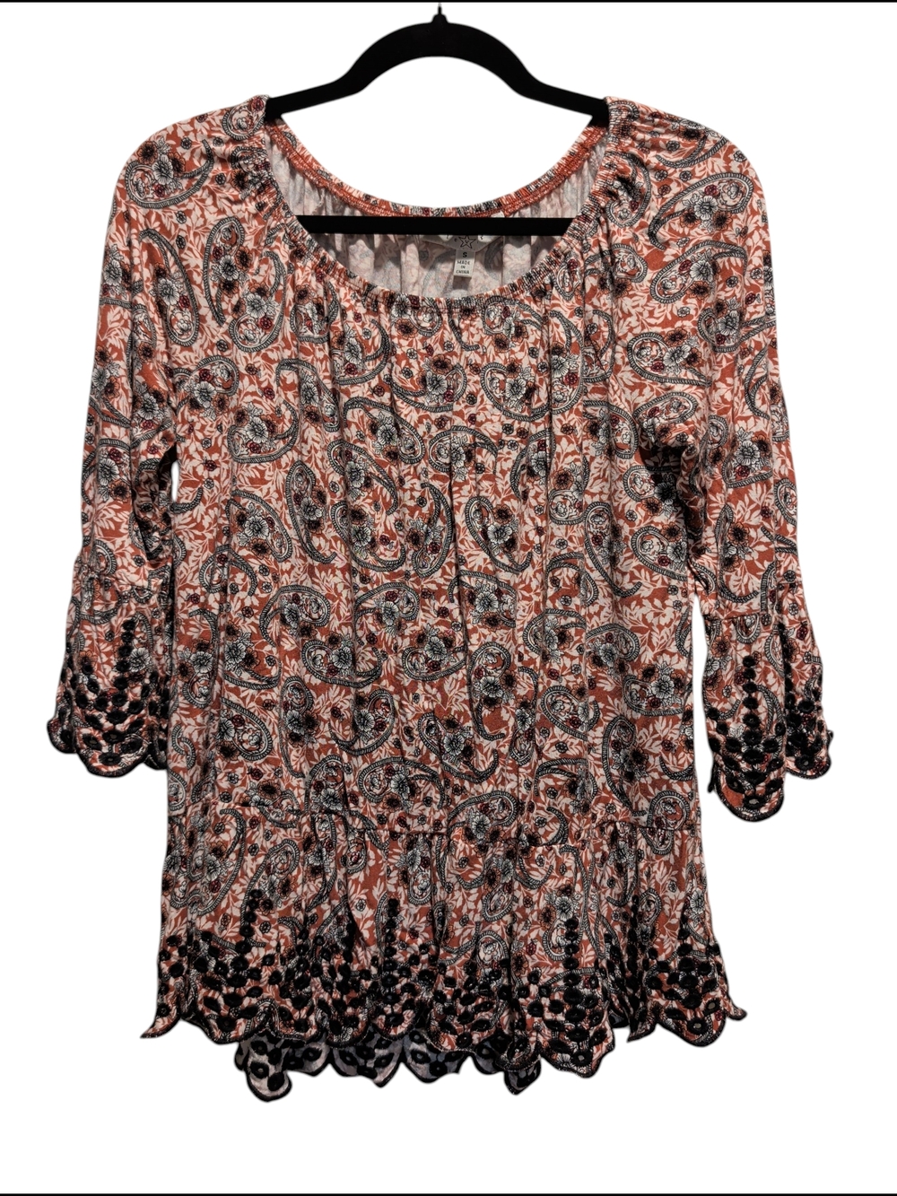 Fever Rust and Black Paisley Crochet-Hem Peasant Tunic (#D1000)